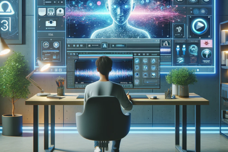 A futuristic workstation with AI-powered video